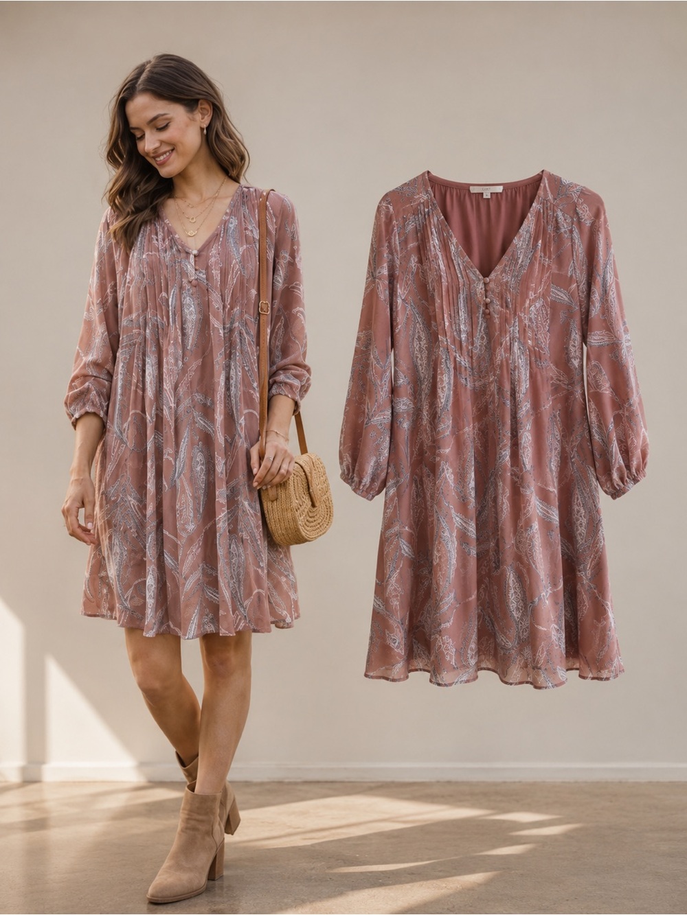LOFT Outlet | Blush Pink Paisley Shift Dress | XS | Boho 3/4 Sleeve Lined